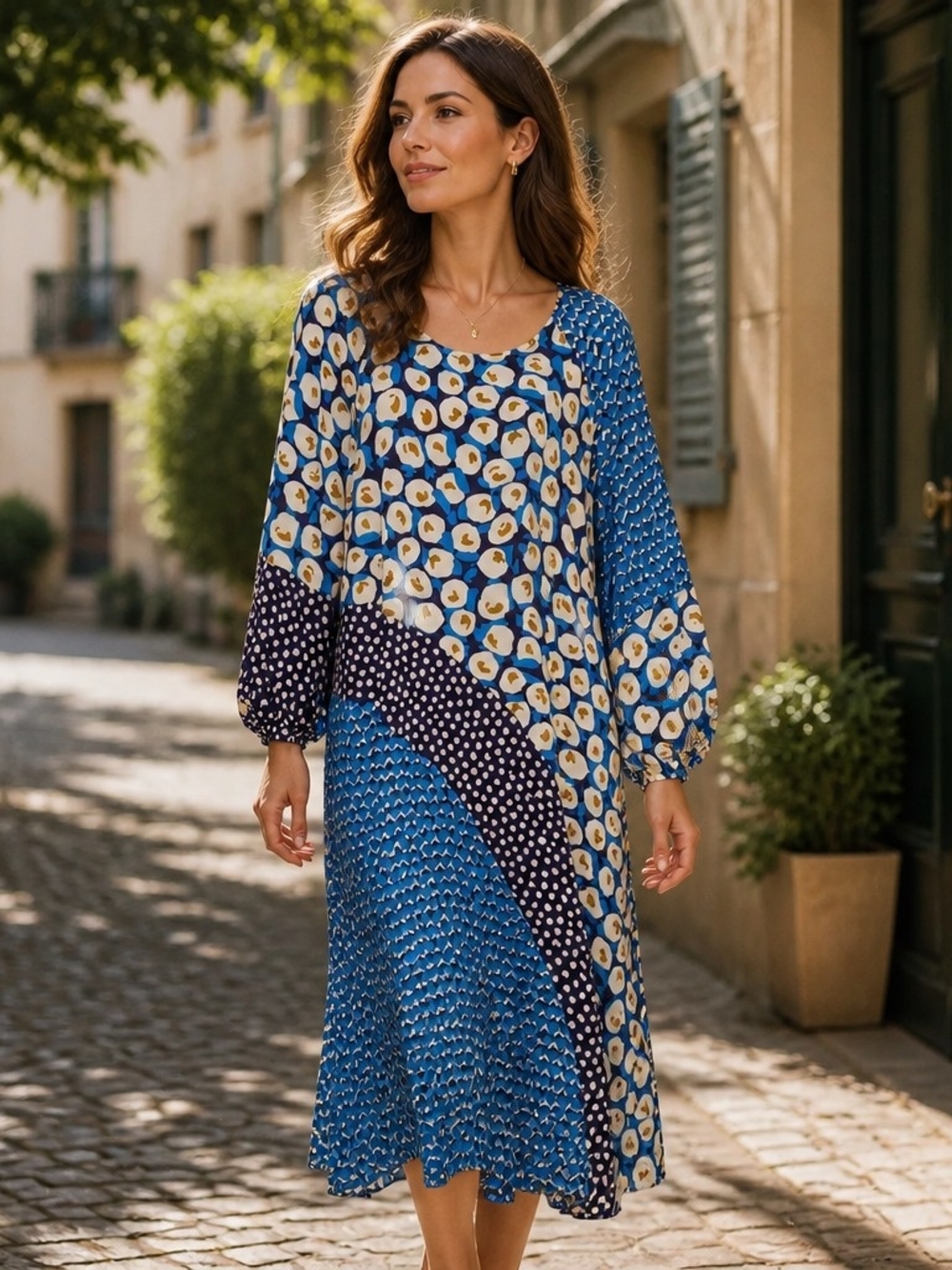 Chico's Blue Mixed-Print Midi Dress with Cream Accents